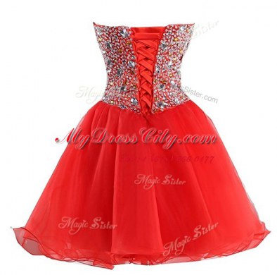 Modern Coral Red Sweetheart Lace Up Beading Prom Party Dress Sleeveless