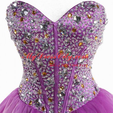 Popular Lilac Ball Gowns Sweetheart Sleeveless Organza Mini Length Lace Up Beading Prom Dress