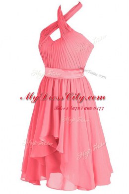 Halter Top Sleeveless Ruching and Belt Backless Dress for Prom