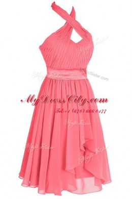 Halter Top Sleeveless Ruching and Belt Backless Dress for Prom