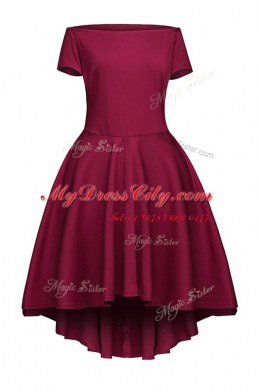 Burgundy Short Sleeves Satin Side Zipper Dress for Prom for Prom and Party