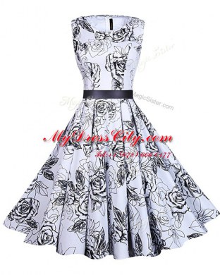 Nice Chiffon Scoop Sleeveless Zipper Sashes ribbons and Pattern Evening Dress in White And Black