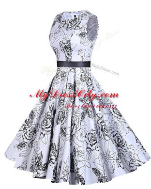Nice Chiffon Scoop Sleeveless Zipper Sashes ribbons and Pattern Evening Dress in White And Black