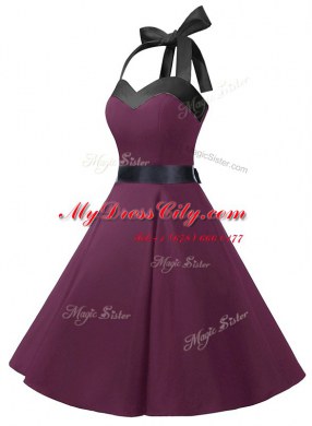 Halter Top Sashes ribbons Prom Dress Dark Purple Zipper Sleeveless Knee Length