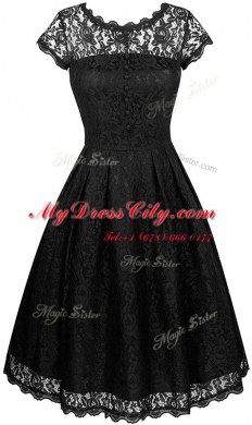 Shining Scalloped Lace Black Zipper Short Sleeves Knee Length