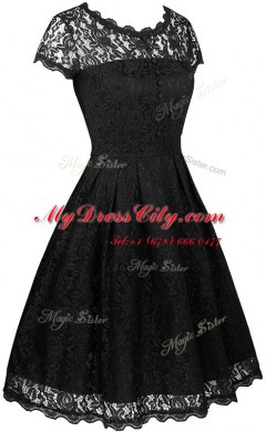 Shining Scalloped Lace Black Zipper Short Sleeves Knee Length