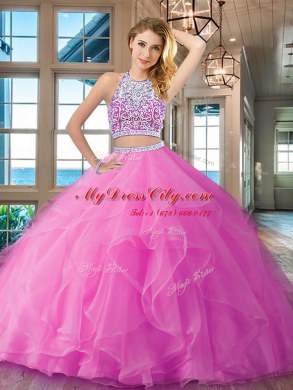 Fantastic Scoop Lilac Sleeveless Floor Length Beading and Ruffles Backless Quinceanera Dress