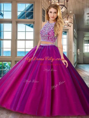 Colorful Fuchsia Scoop Neckline Beading Sweet 16 Dress Sleeveless Backless