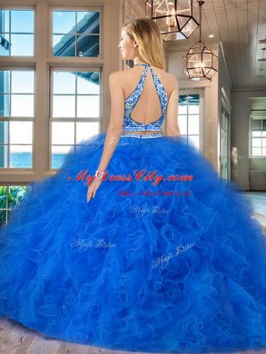 Luxurious Blue Scoop Backless Beading and Ruffles Sweet 16 Dresses Sleeveless