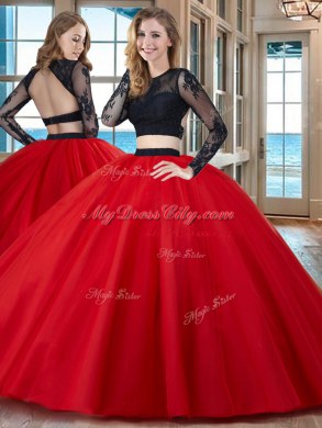 Amazing Scoop Red Tulle Backless Quinceanera Dresses Long Sleeves Floor Length Appliques