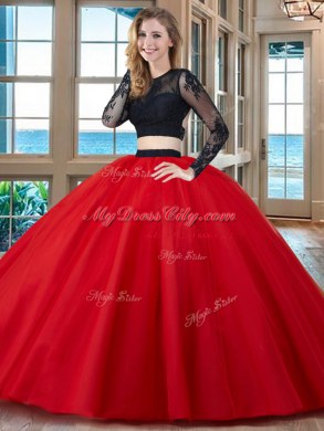Amazing Scoop Red Tulle Backless Quinceanera Dresses Long Sleeves Floor Length Appliques