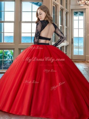 Amazing Scoop Red Tulle Backless Quinceanera Dresses Long Sleeves Floor Length Appliques