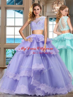 Modern Cap Sleeves Tulle Floor Length Zipper Sweet 16 Quinceanera Dress in Lavender with Lace and Appliques and Ruffled Layers