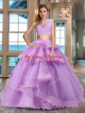 Modern Cap Sleeves Tulle Floor Length Zipper Sweet 16 Quinceanera Dress in Lavender with Lace and Appliques and Ruffled Layers