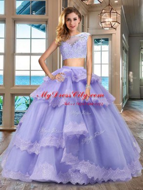 Modern Cap Sleeves Tulle Floor Length Zipper Sweet 16 Quinceanera Dress in Lavender with Lace and Appliques and Ruffled Layers