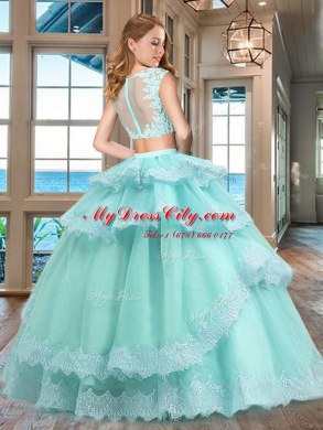 Modern Cap Sleeves Tulle Floor Length Zipper Sweet 16 Quinceanera Dress in Lavender with Lace and Appliques and Ruffled Layers