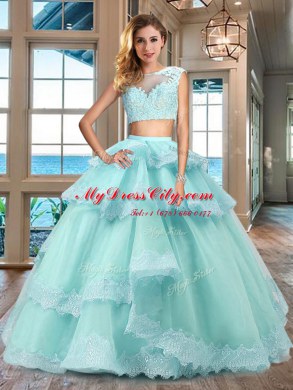 Modern Cap Sleeves Tulle Floor Length Zipper Sweet 16 Quinceanera Dress in Lavender with Lace and Appliques and Ruffled Layers