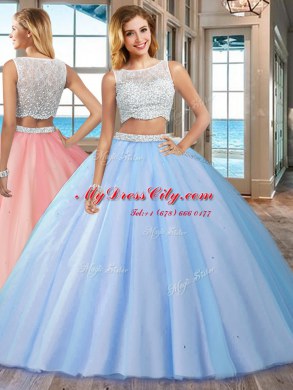 Modern Blue Tulle Side Zipper Sweet 16 Dresses Sleeveless Floor Length Beading