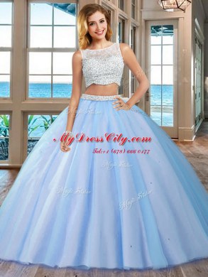 Modern Blue Tulle Side Zipper Sweet 16 Dresses Sleeveless Floor Length Beading
