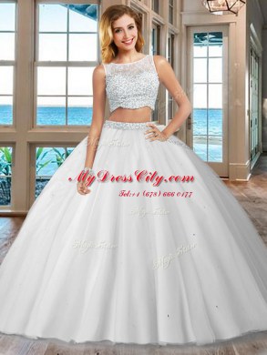 Modern Blue Tulle Side Zipper Sweet 16 Dresses Sleeveless Floor Length Beading