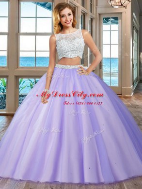 Modern Blue Tulle Side Zipper Sweet 16 Dresses Sleeveless Floor Length Beading