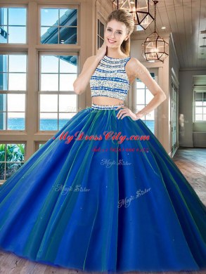 Cheap Scoop Royal Blue Sleeveless Floor Length Beading Backless Quinceanera Gowns