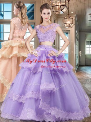 Scoop Cap Sleeves Tulle Floor Length Zipper Ball Gown Prom Dress in Lavender with Beading and Lace and Appliques and Ruffled Layers