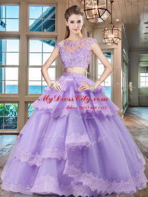Scoop Cap Sleeves Tulle Floor Length Zipper Ball Gown Prom Dress in Lavender with Beading and Lace and Appliques and Ruffled Layers