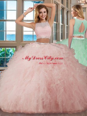 Scoop Sleeveless Floor Length Beading and Ruffles Backless Quinceanera Dresses with Pink