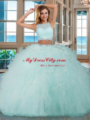 Scoop Sleeveless Floor Length Beading and Ruffles Backless Quinceanera Dresses with Pink