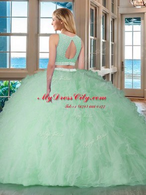 Scoop Sleeveless Floor Length Beading and Ruffles Backless Quinceanera Dresses with Pink