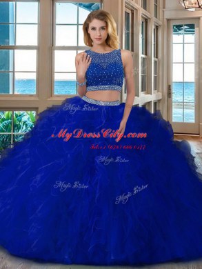Scoop Sleeveless Floor Length Beading and Ruffles Backless Quinceanera Dresses with Pink
