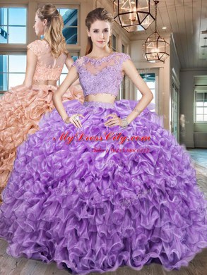 Most Popular Purple Two Pieces Scoop Cap Sleeves Organza Floor Length Zipper Beading and Appliques and Ruffles Quinceanera Dresses