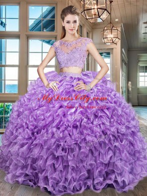 Most Popular Purple Two Pieces Scoop Cap Sleeves Organza Floor Length Zipper Beading and Appliques and Ruffles Quinceanera Dresses