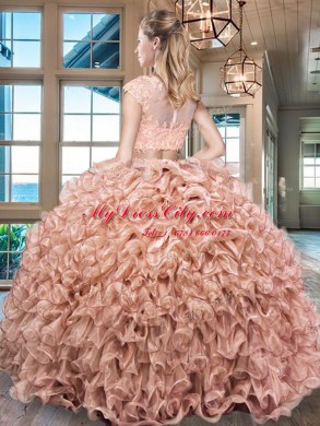 Most Popular Purple Two Pieces Scoop Cap Sleeves Organza Floor Length Zipper Beading and Appliques and Ruffles Quinceanera Dresses