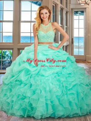 Apple Green Two Pieces High-neck Sleeveless Organza Floor Length Lace Up Beading and Ruffles Quinceanera Dresses