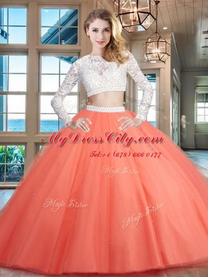 Scoop Floor Length Watermelon Red Quinceanera Dress Tulle Long Sleeves Beading and Lace