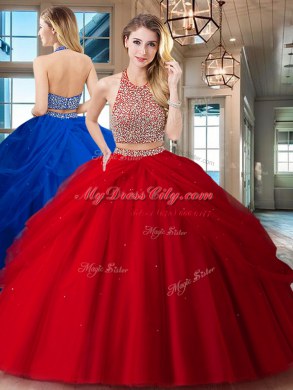 Modern Halter Top Beading and Pick Ups Quinceanera Dress Red Backless Sleeveless Floor Length