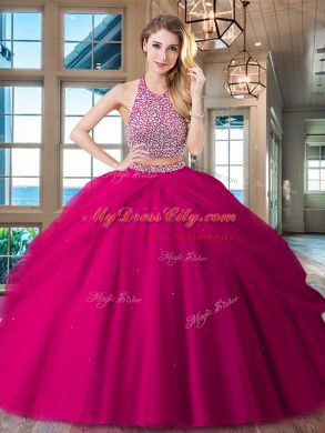 Modern Halter Top Beading and Pick Ups Quinceanera Dress Red Backless Sleeveless Floor Length