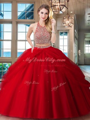 Modern Halter Top Beading and Pick Ups Quinceanera Dress Red Backless Sleeveless Floor Length