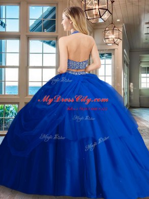 Modern Halter Top Beading and Pick Ups Quinceanera Dress Red Backless Sleeveless Floor Length