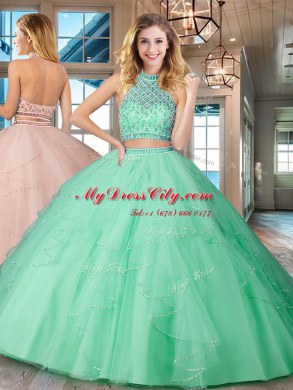 Fashionable Halter Top Apple Green Tulle Backless Sweet 16 Dress Sleeveless Floor Length Beading and Ruffles