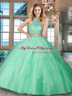 Fashionable Halter Top Apple Green Tulle Backless Sweet 16 Dress Sleeveless Floor Length Beading and Ruffles