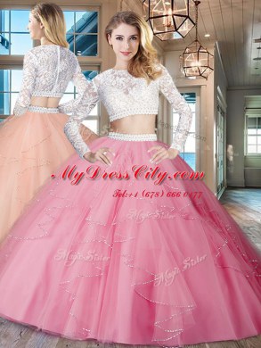 Scoop Rose Pink Two Pieces Beading and Lace and Ruffles Quinceanera Dresses Zipper Tulle Long Sleeves Floor Length