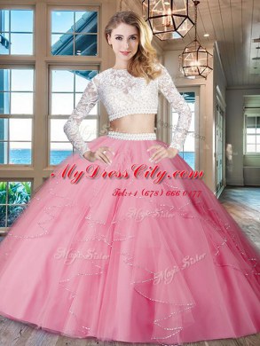 Scoop Rose Pink Two Pieces Beading and Lace and Ruffles Quinceanera Dresses Zipper Tulle Long Sleeves Floor Length
