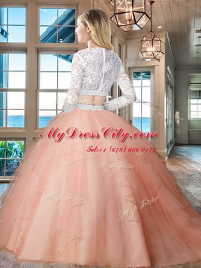 Scoop Rose Pink Two Pieces Beading and Lace and Ruffles Quinceanera Dresses Zipper Tulle Long Sleeves Floor Length