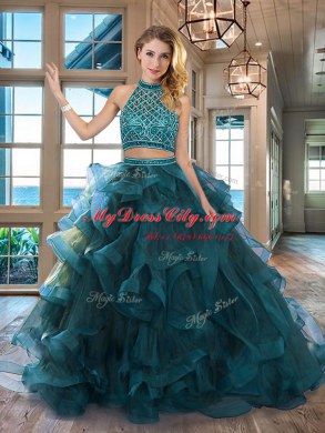 Modest Teal Halter Top Neckline Beading and Ruffles Quince Ball Gowns Sleeveless Backless