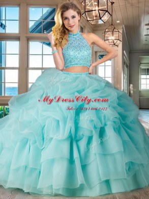 Luxurious Pick Ups Ruffled Halter Top Sleeveless Brush Train Backless Sweet 16 Quinceanera Dress Aqua Blue Organza
