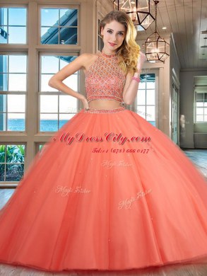 Halter Top Beading Sweet 16 Quinceanera Dress Orange Red Backless Sleeveless Floor Length