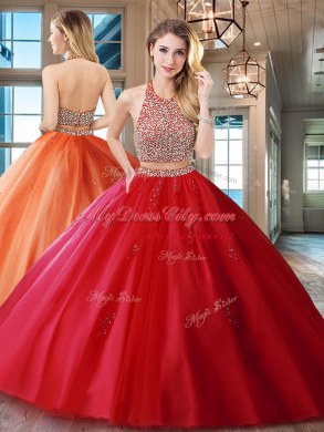 Beautiful With Train Red Quinceanera Gowns Halter Top Sleeveless Brush Train Backless